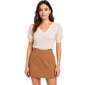 Womens Diamond Pattern Blouse Sheer Puff Sleeve Top Ivory M Preppy Coquette